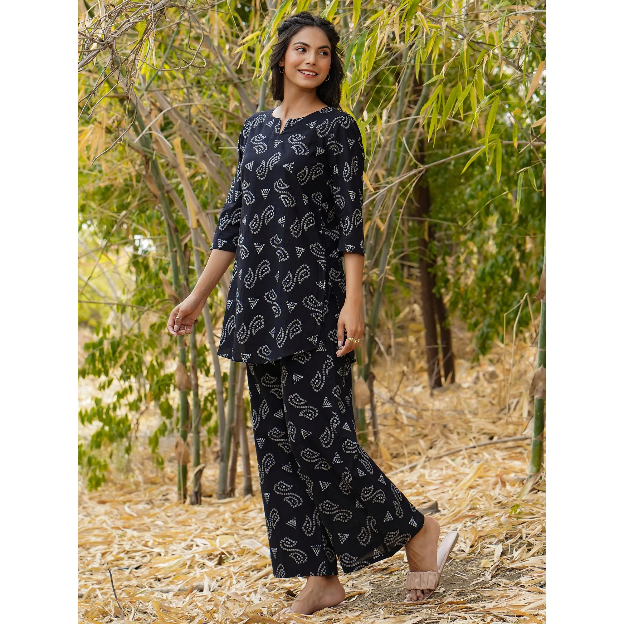 Patterned Bhandej on Black Loungewear Top Set