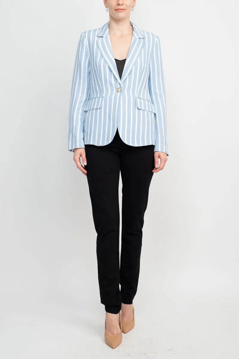 Philosophy Notched Collar Long Sleeve One Button Closure Stripe Pattern Linen Blazer