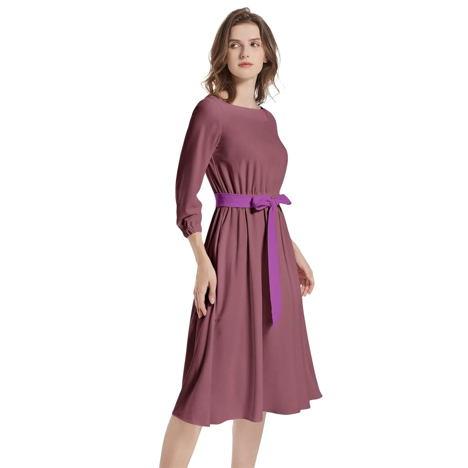 Plum Berry Boat Neck Belted Flared Dress