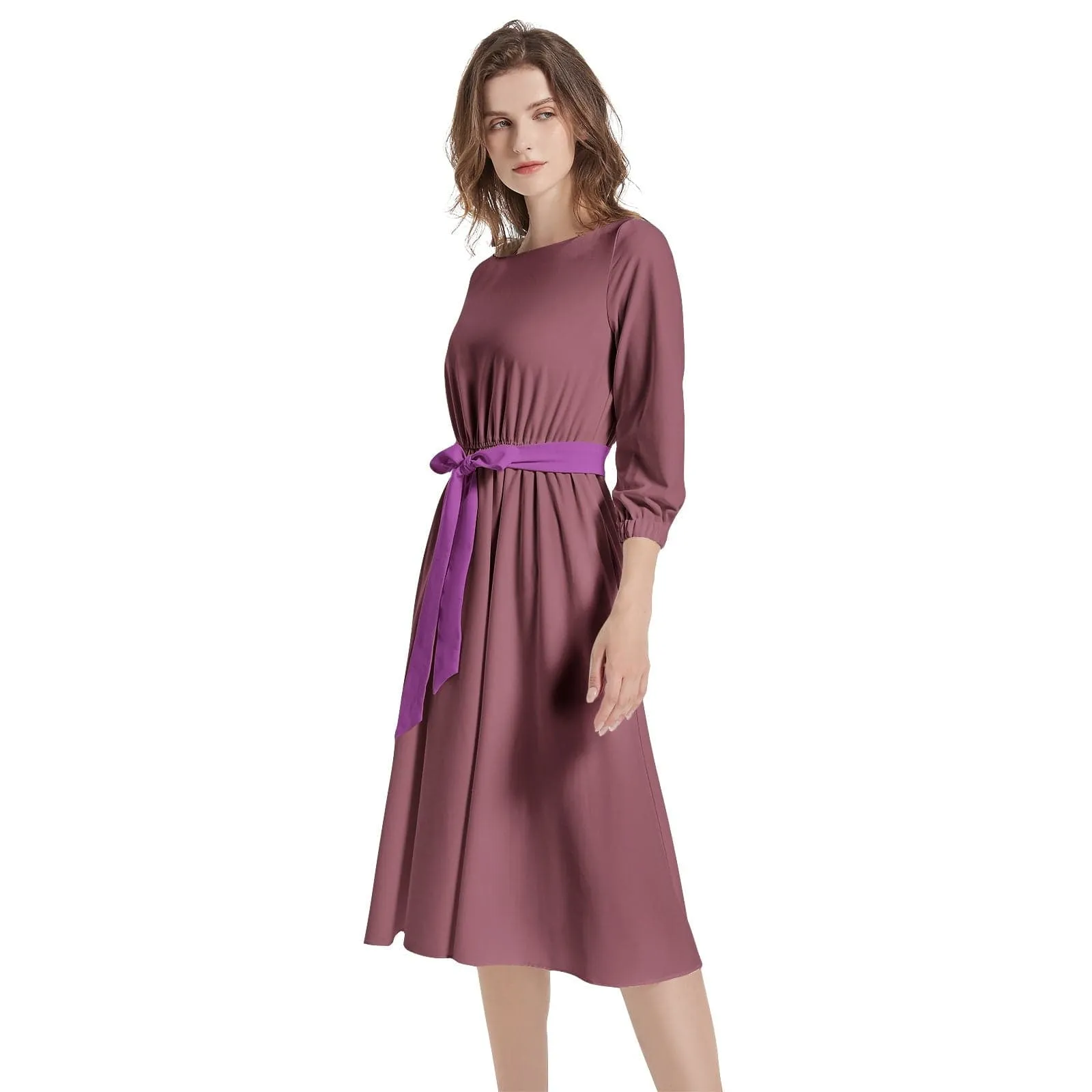 Plum Berry Boat Neck Belted Flared Dress