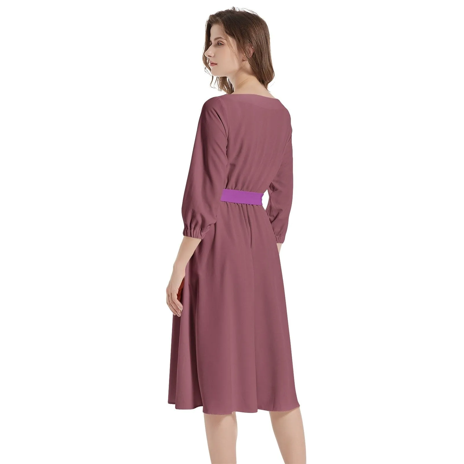 Plum Berry Boat Neck Belted Flared Dress