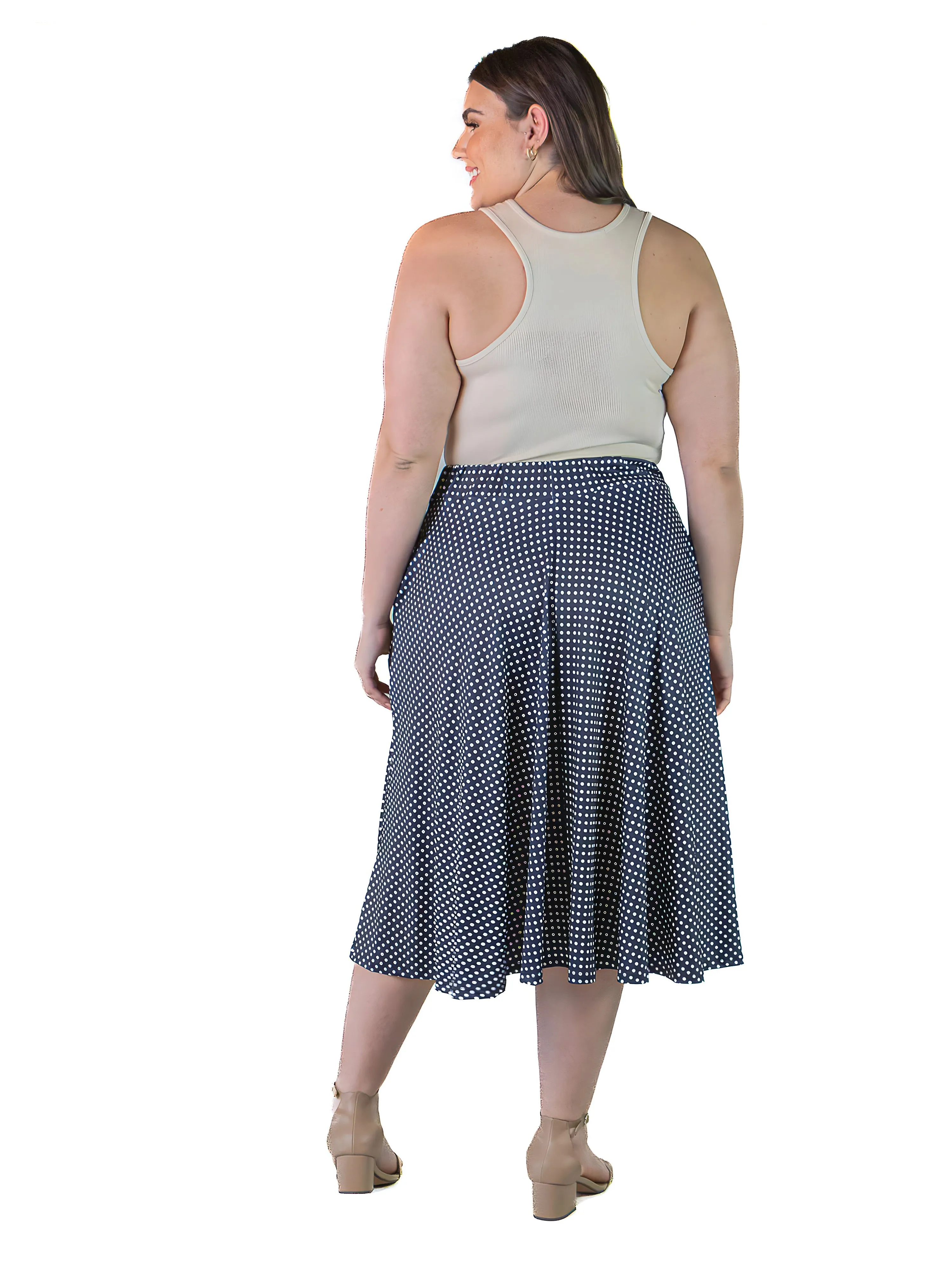 Plus Size Womens Navy Polka Dot Pleated Pocket Midi Skirt