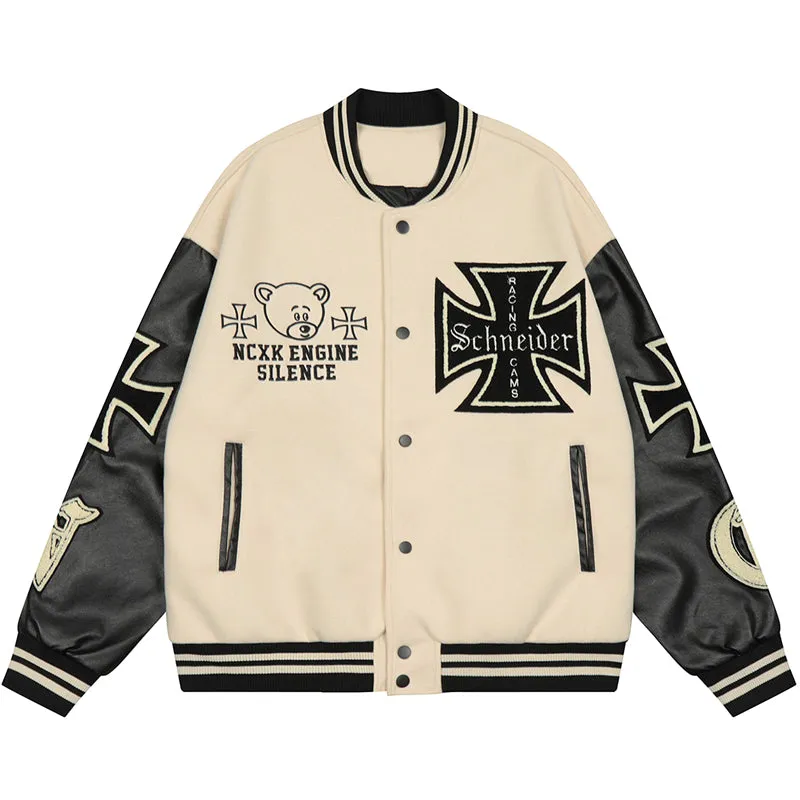 PopFlying Retro Varsity Jacket Flocked Cross Bear