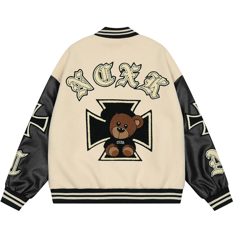 PopFlying Retro Varsity Jacket Flocked Cross Bear