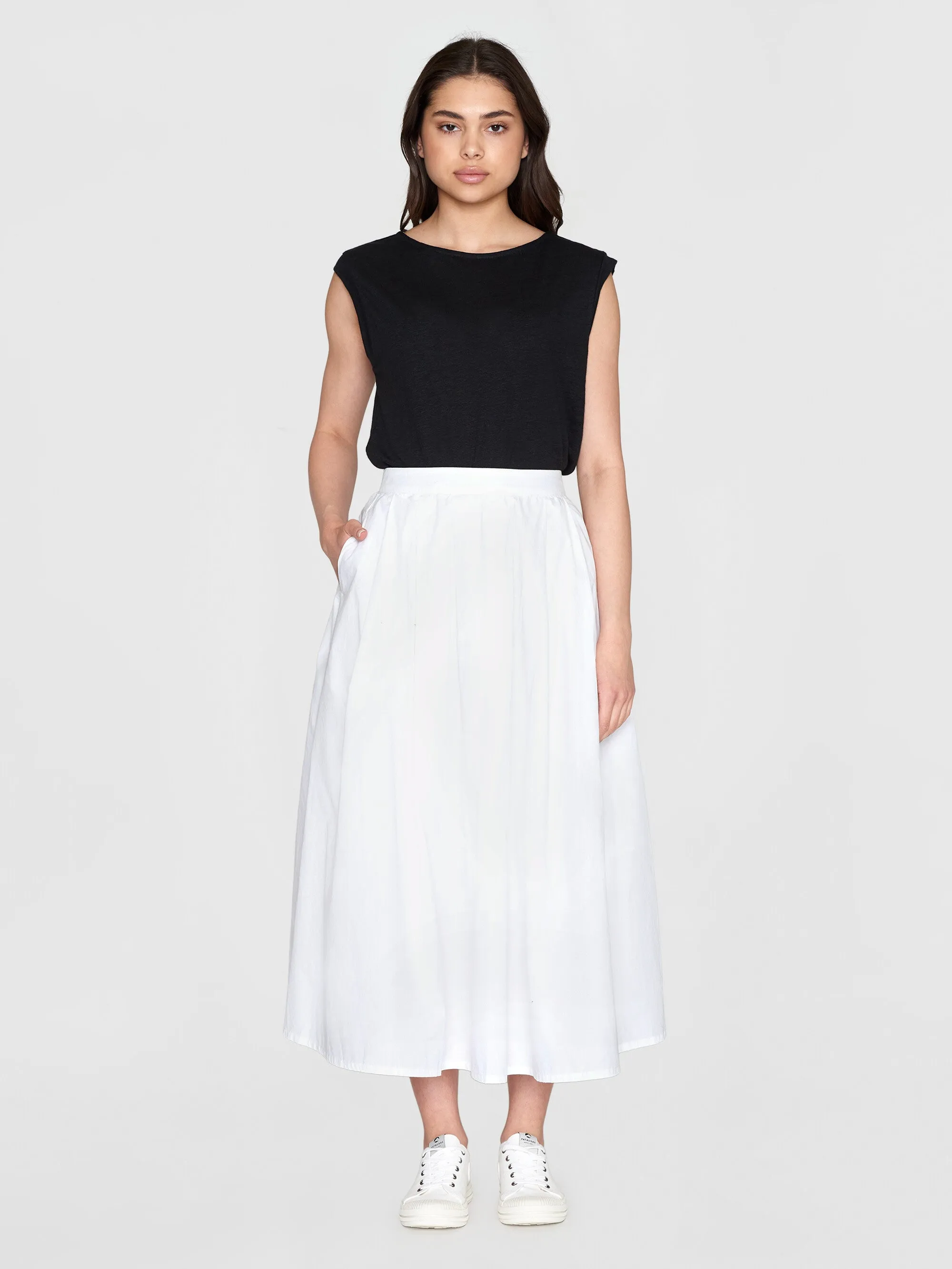 Poplin pleated mid-length skirt - Bright White