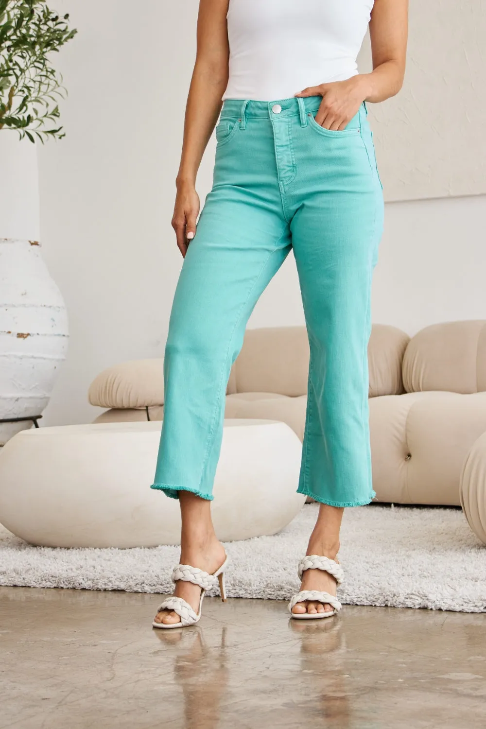 RFM Crop Chloe Full Size Tummy Control High Waist Raw Hem Jeans