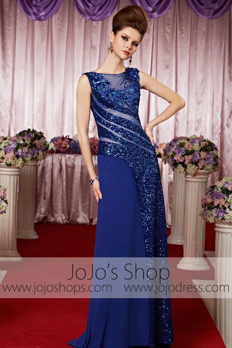 Royal Blue Sparkly Jewel Neck Modest Elegant Prom Formal Evening Dress CX830331