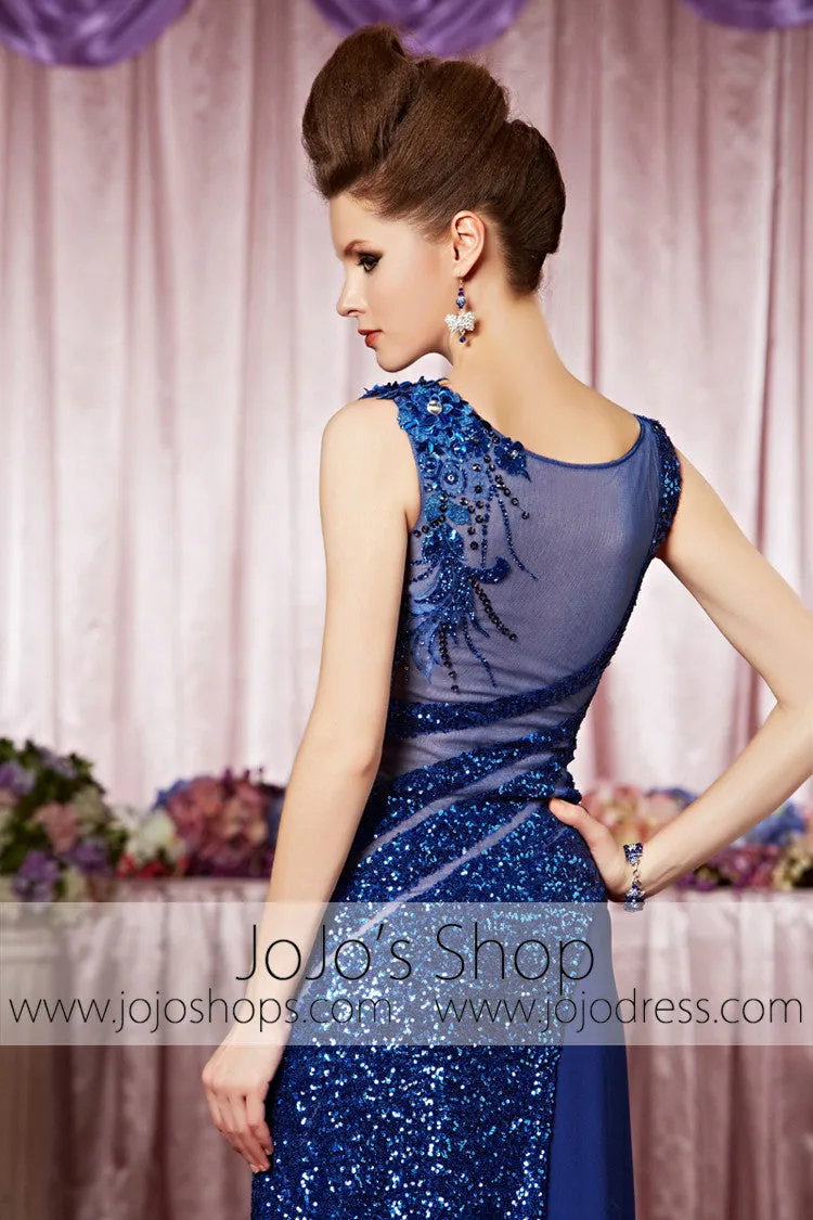 Royal Blue Sparkly Jewel Neck Modest Elegant Prom Formal Evening Dress CX830331