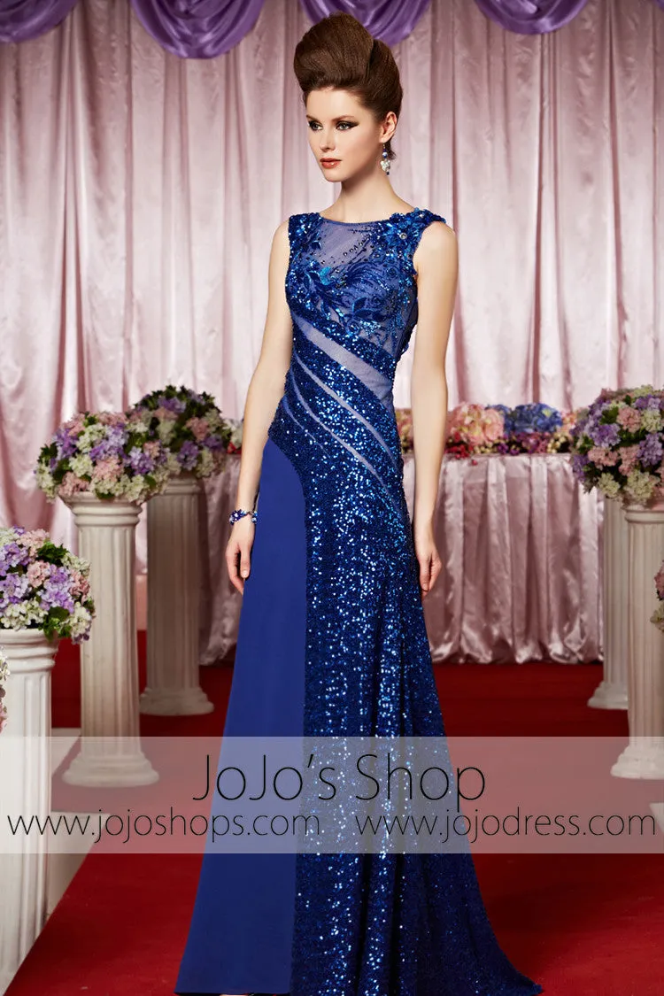 Royal Blue Sparkly Jewel Neck Modest Elegant Prom Formal Evening Dress CX830331