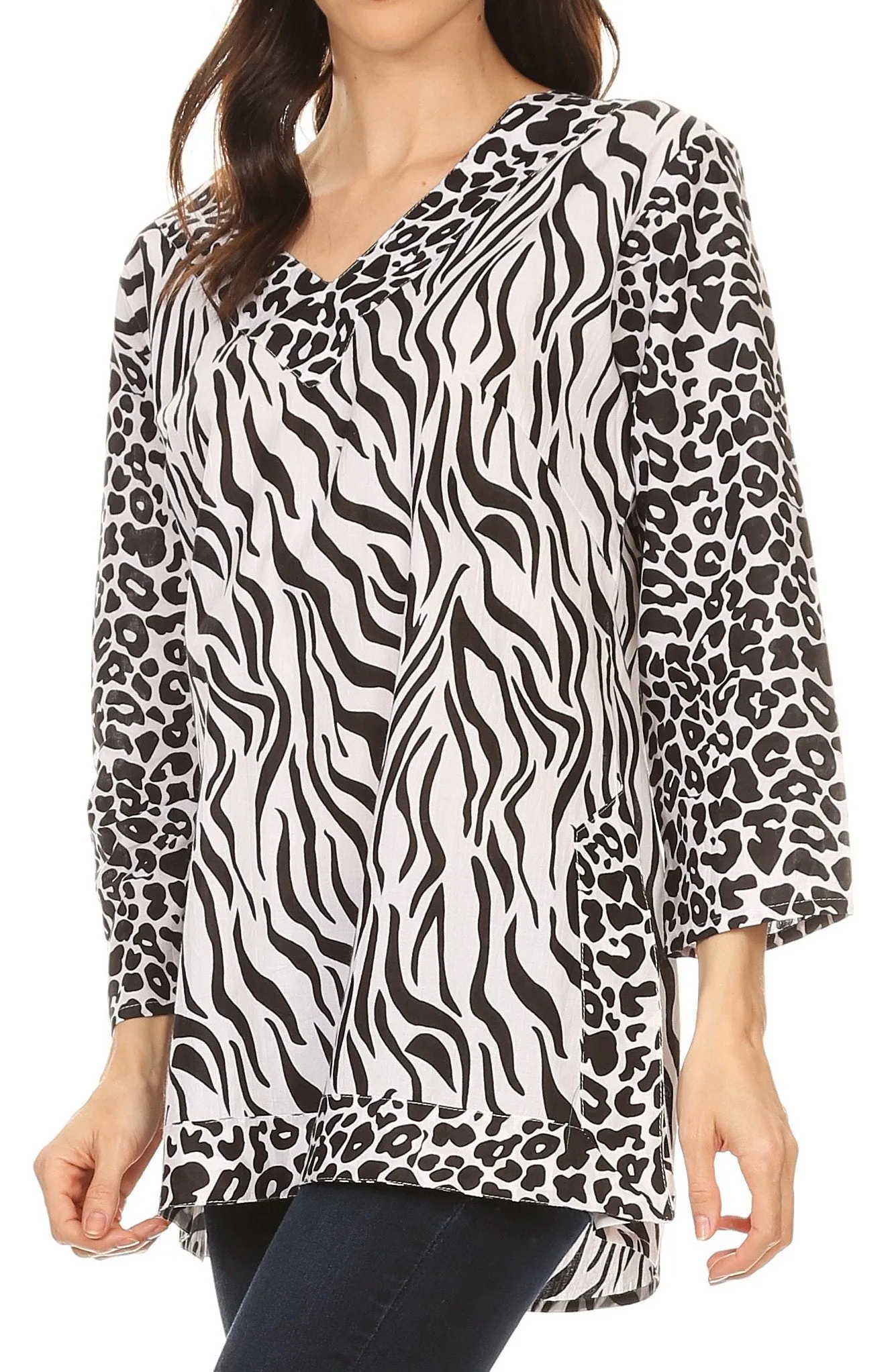 Sakkas Lucie Long Sleeve Printed V-neck Blouse Top Tunic