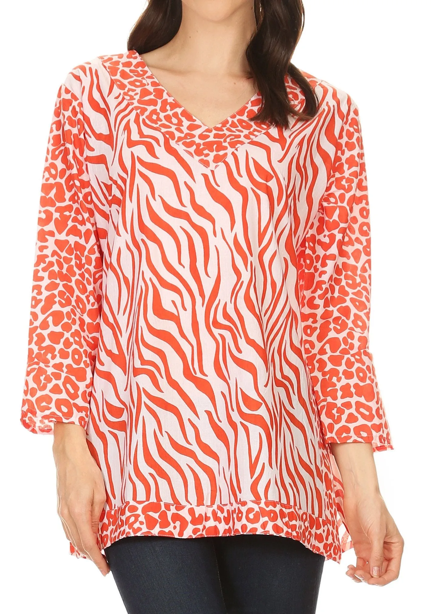 Sakkas Lucie Long Sleeve Printed V-neck Blouse Top Tunic