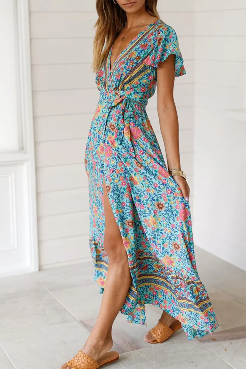 Sexy Elegant Print V Neck A Line Dresses