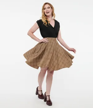 Smak Parlour 1960s Brown & Green Plaid Scene Flare Skirt