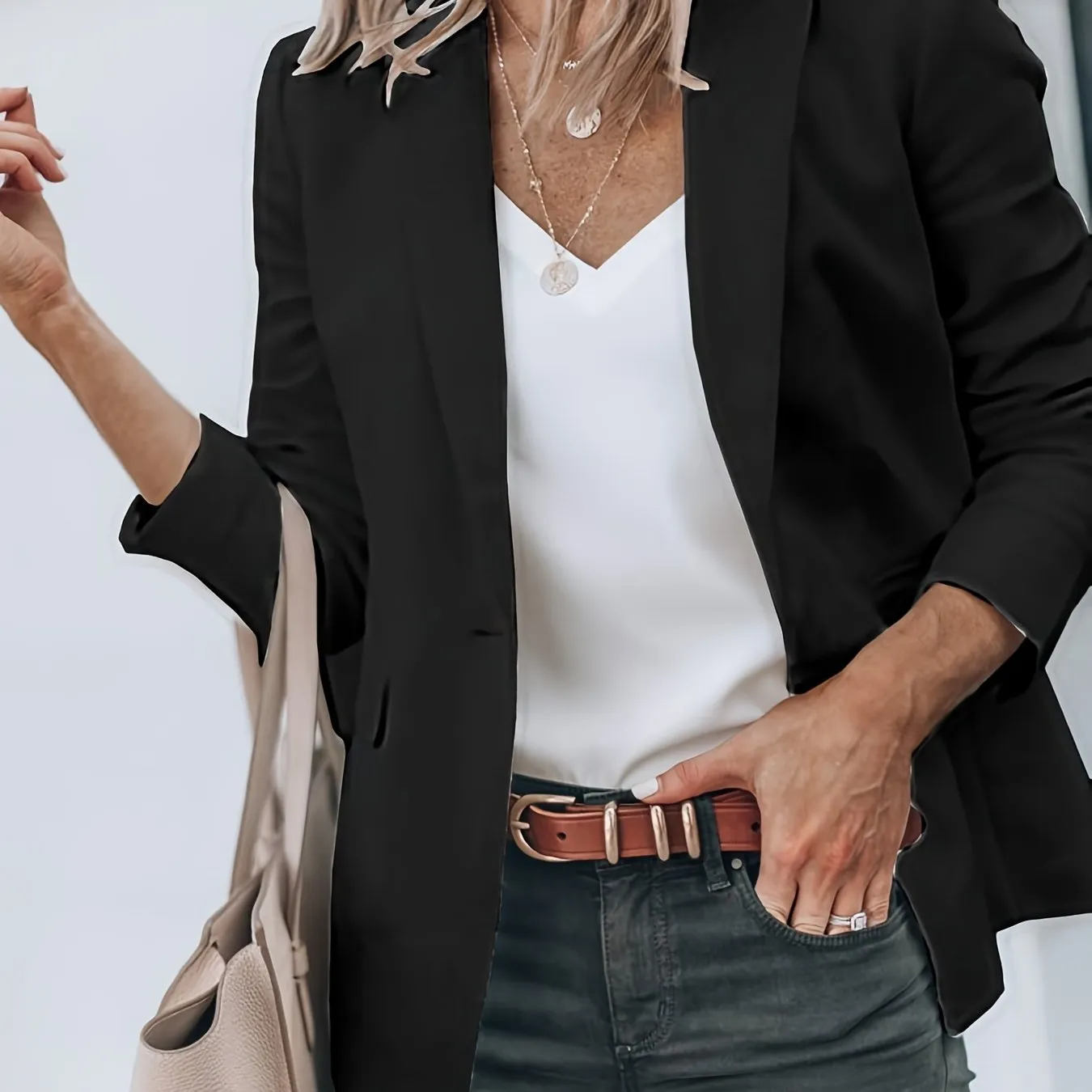 Solid Lapel Casual Long Sleeve Work Office Outerwear With Pockets