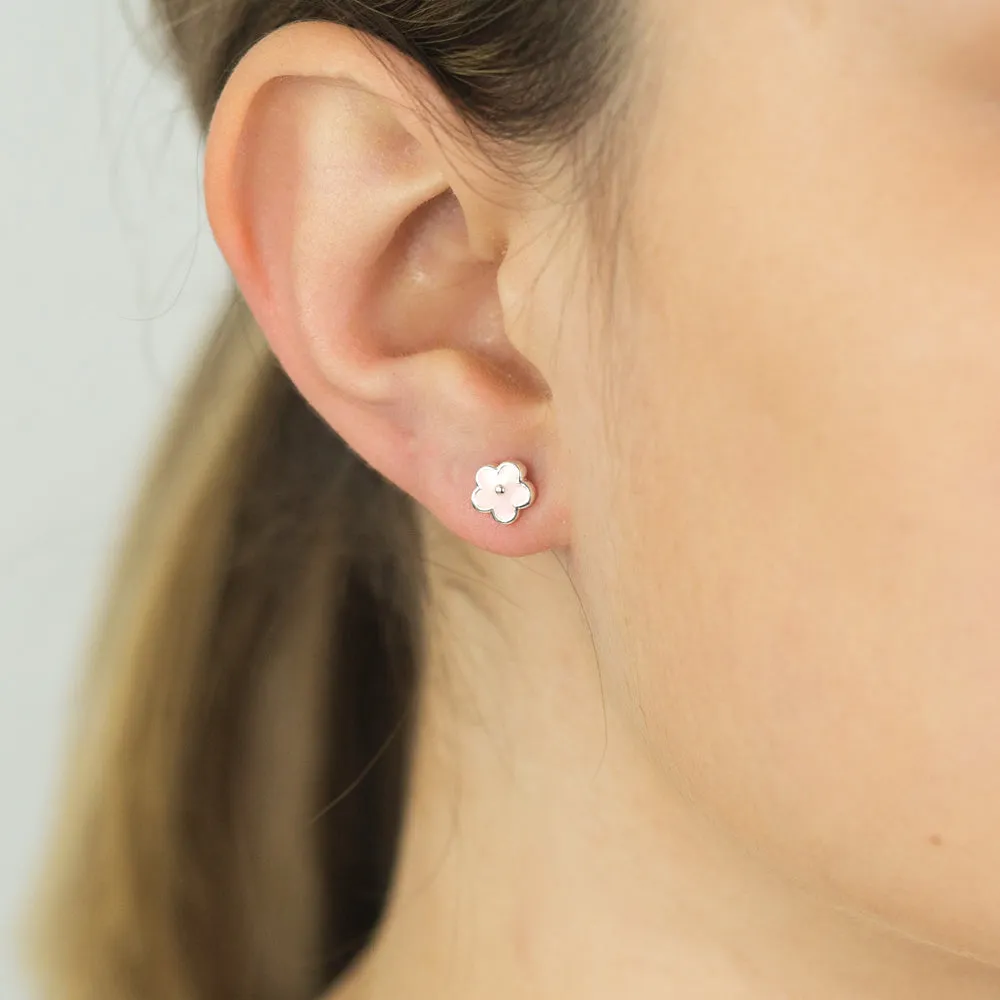 Sterling Silver Pink Enamel Flower Studs