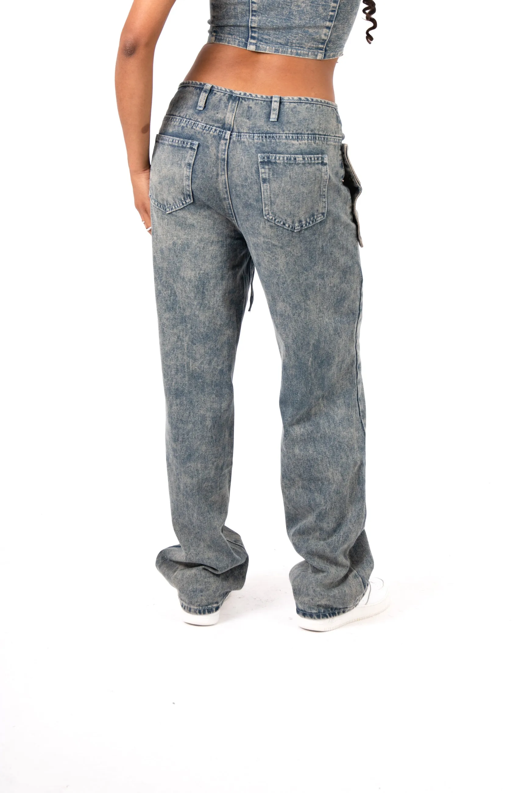 Stonewash Tie Front & Wrap Belted Front Straight Leg Jeans