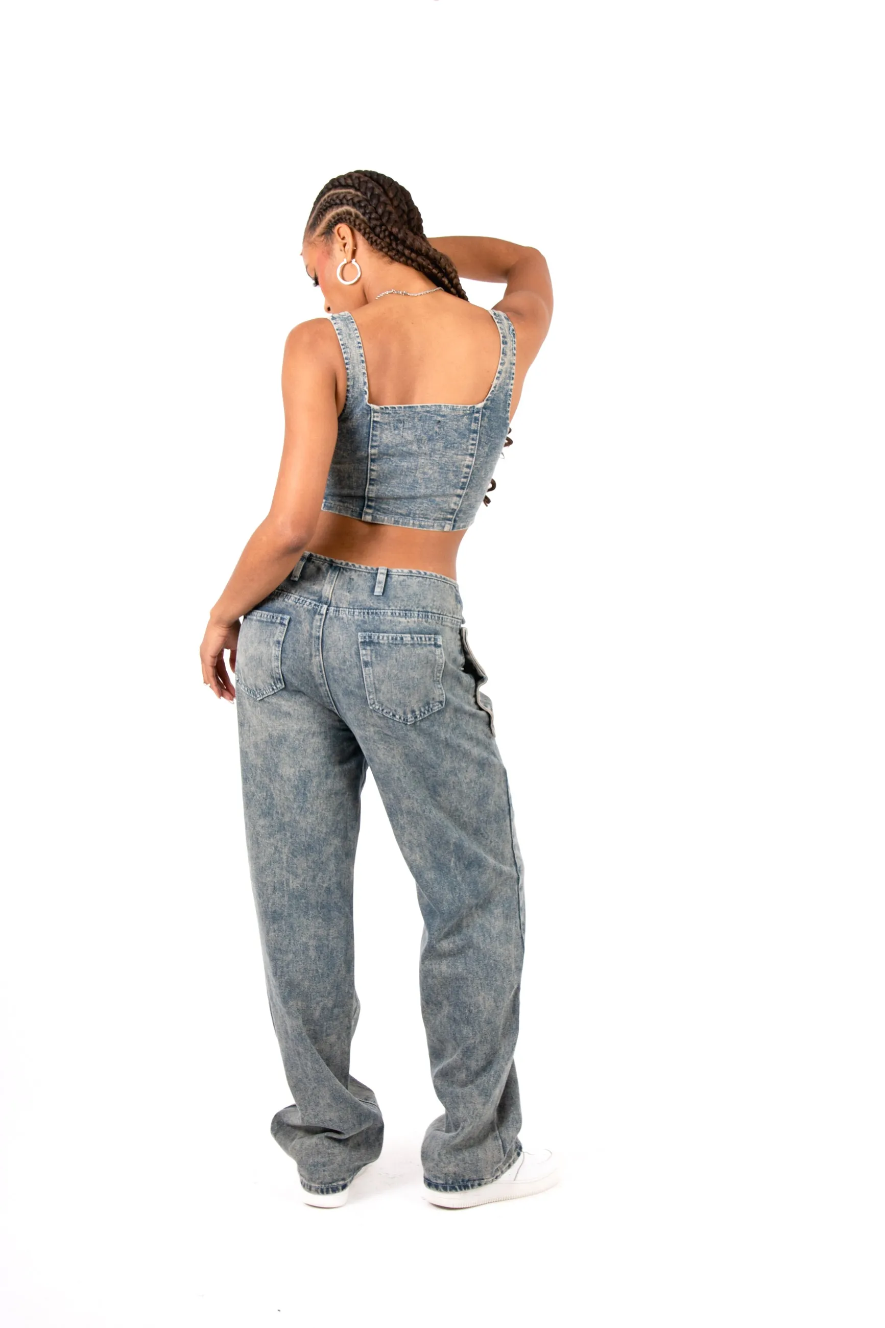 Stonewash Tie Front & Wrap Belted Front Straight Leg Jeans