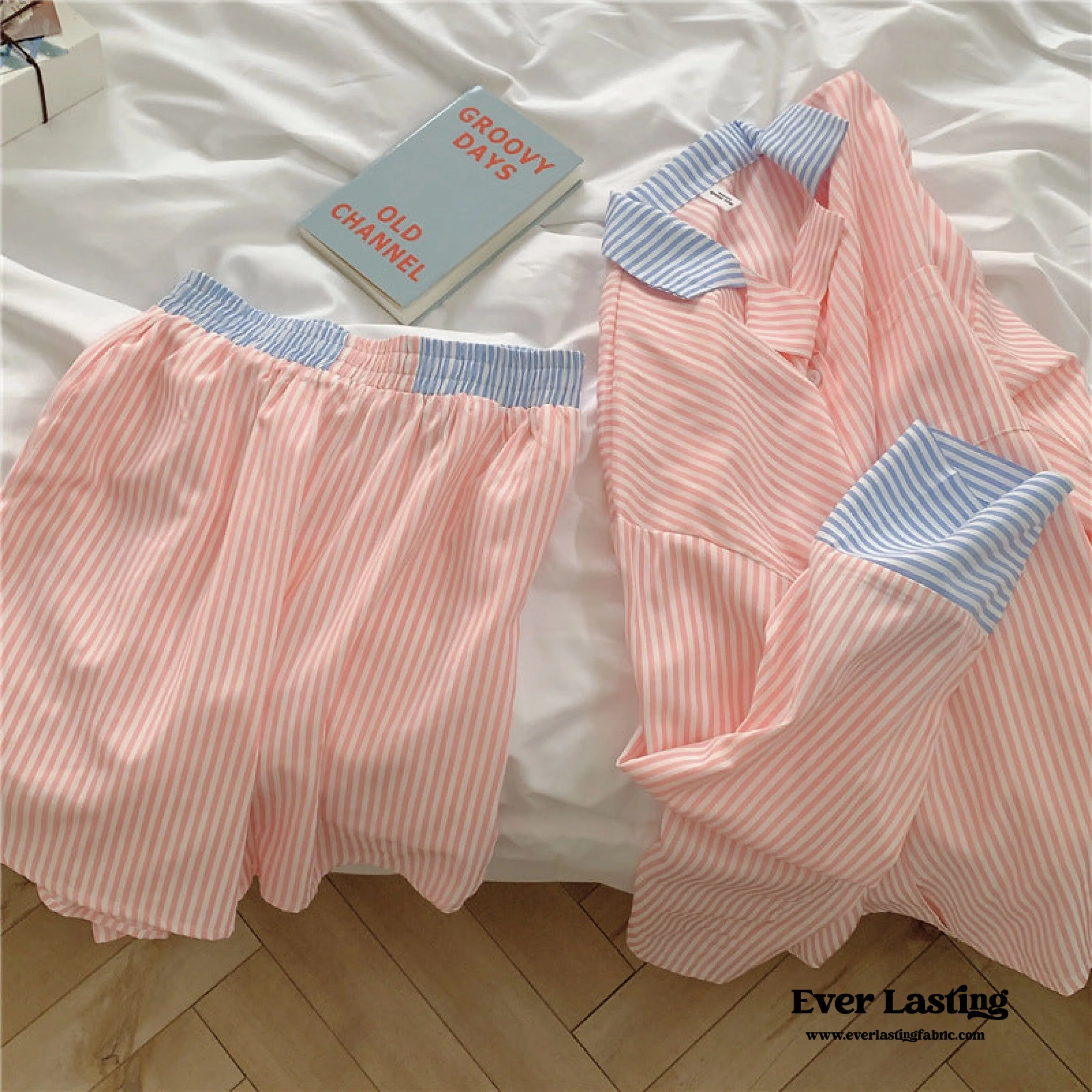 Striped Long Sleeves and Shorts Pajama Set / Pink