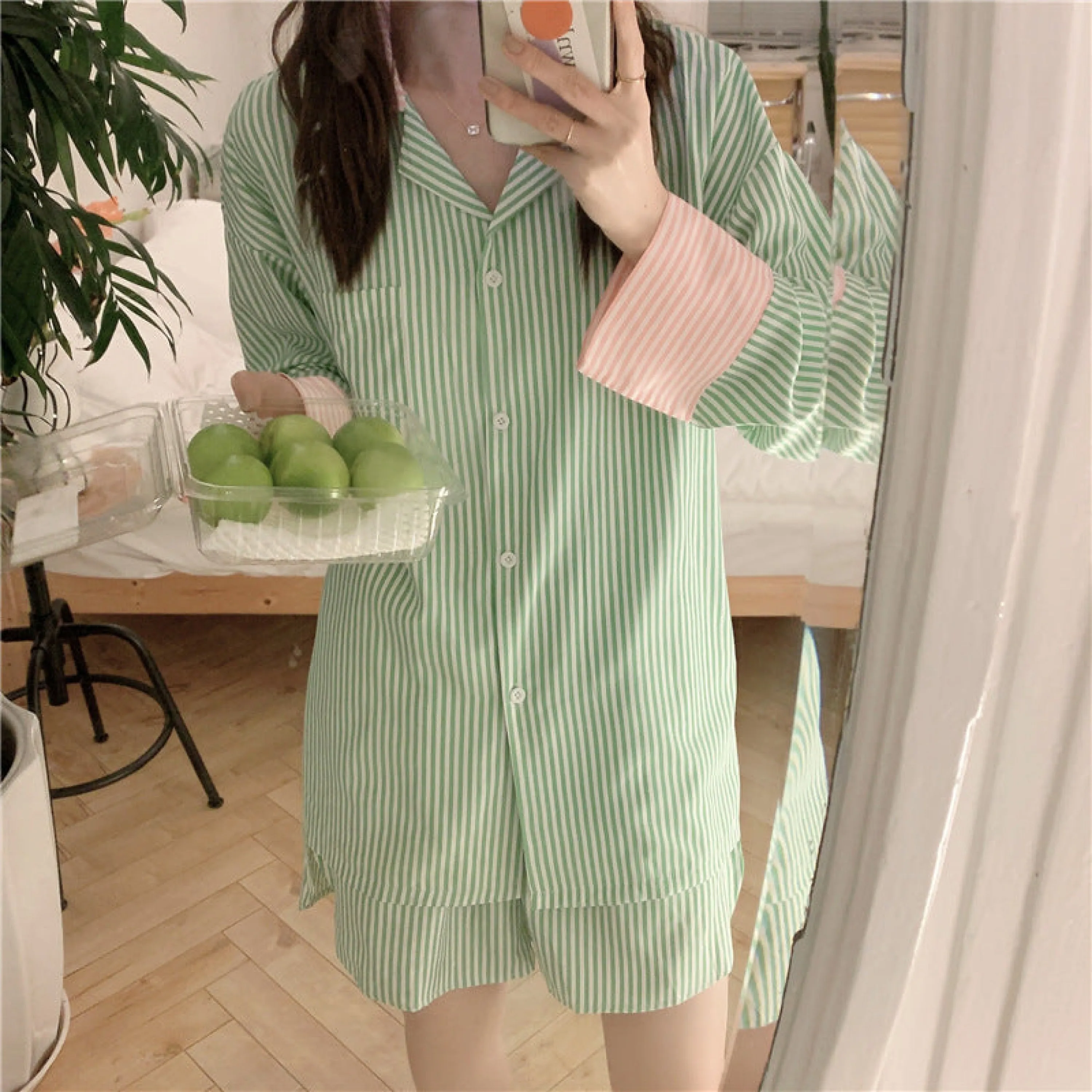 Striped Long Sleeves and Shorts Pajama Set / Pink