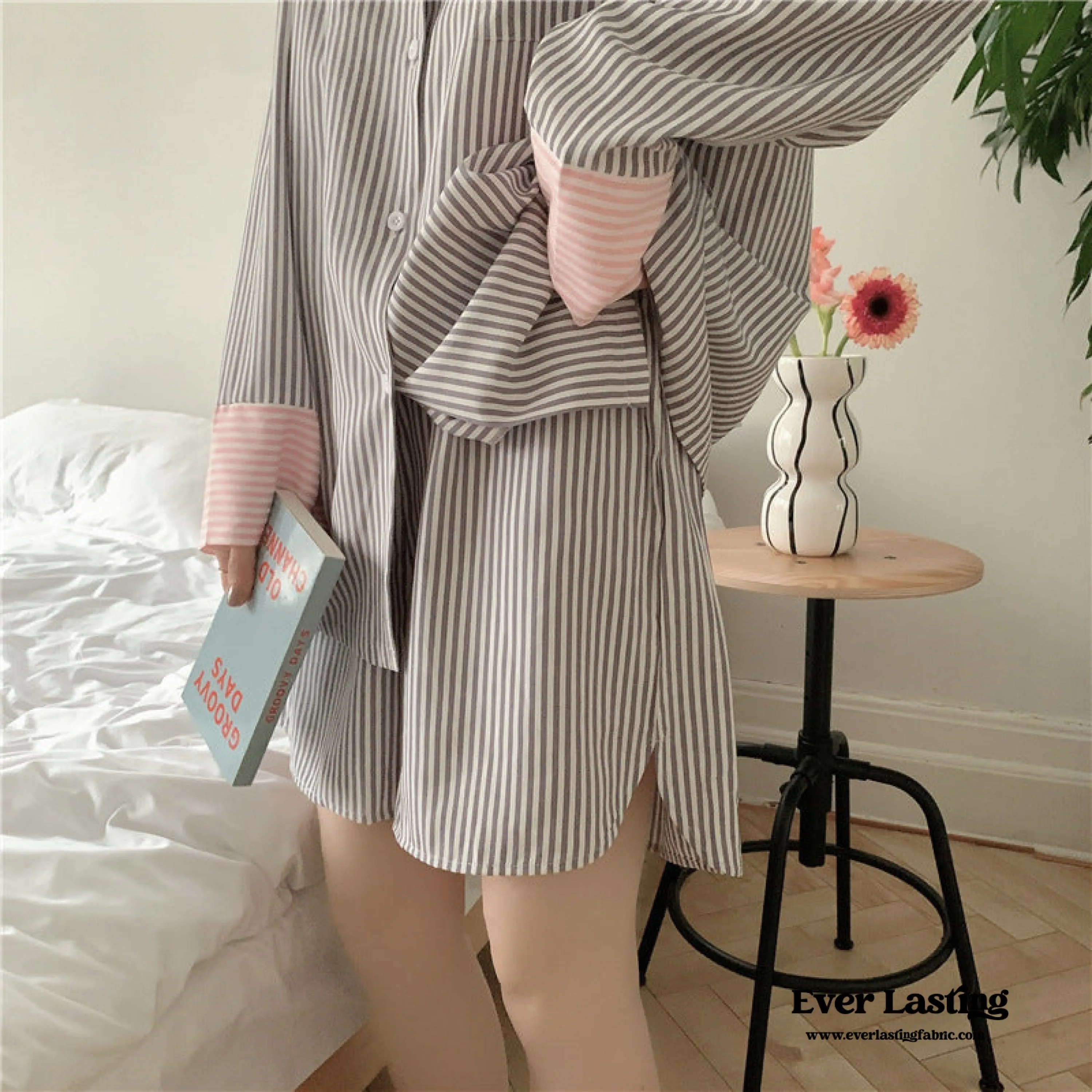 Striped Long Sleeves and Shorts Pajama Set / Pink