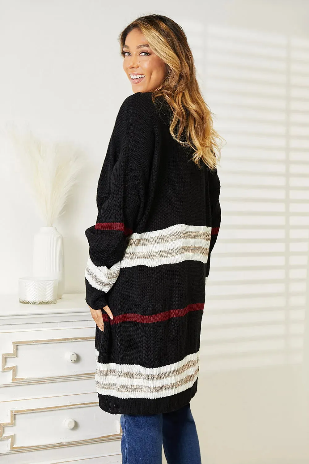 Striped Rib-Knit Drop Shoulder Open Front Cardigan