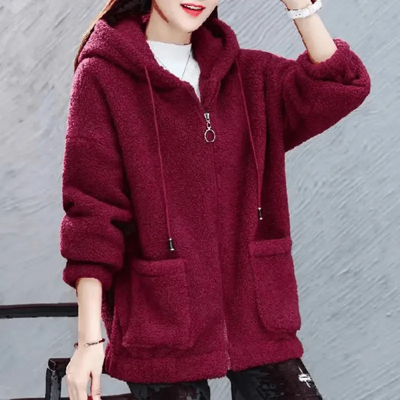 Stylish Loose Women's Fleece Jacket with Hood - SF1955