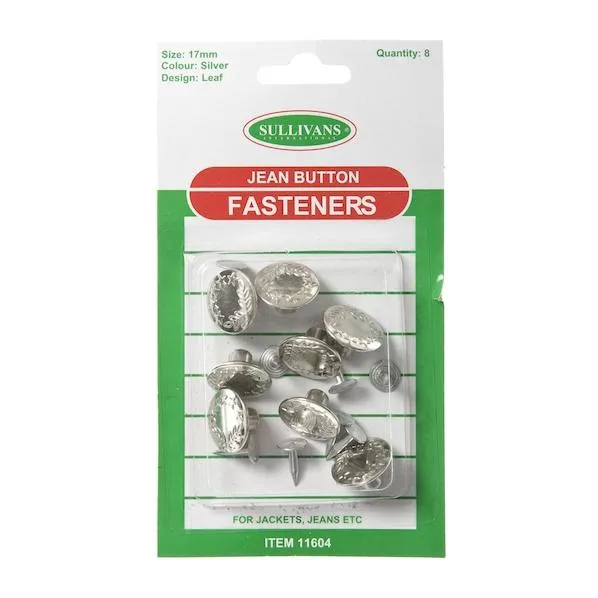 Sullivans Jean Button 8 Pack, Silver Leaf- 17mm