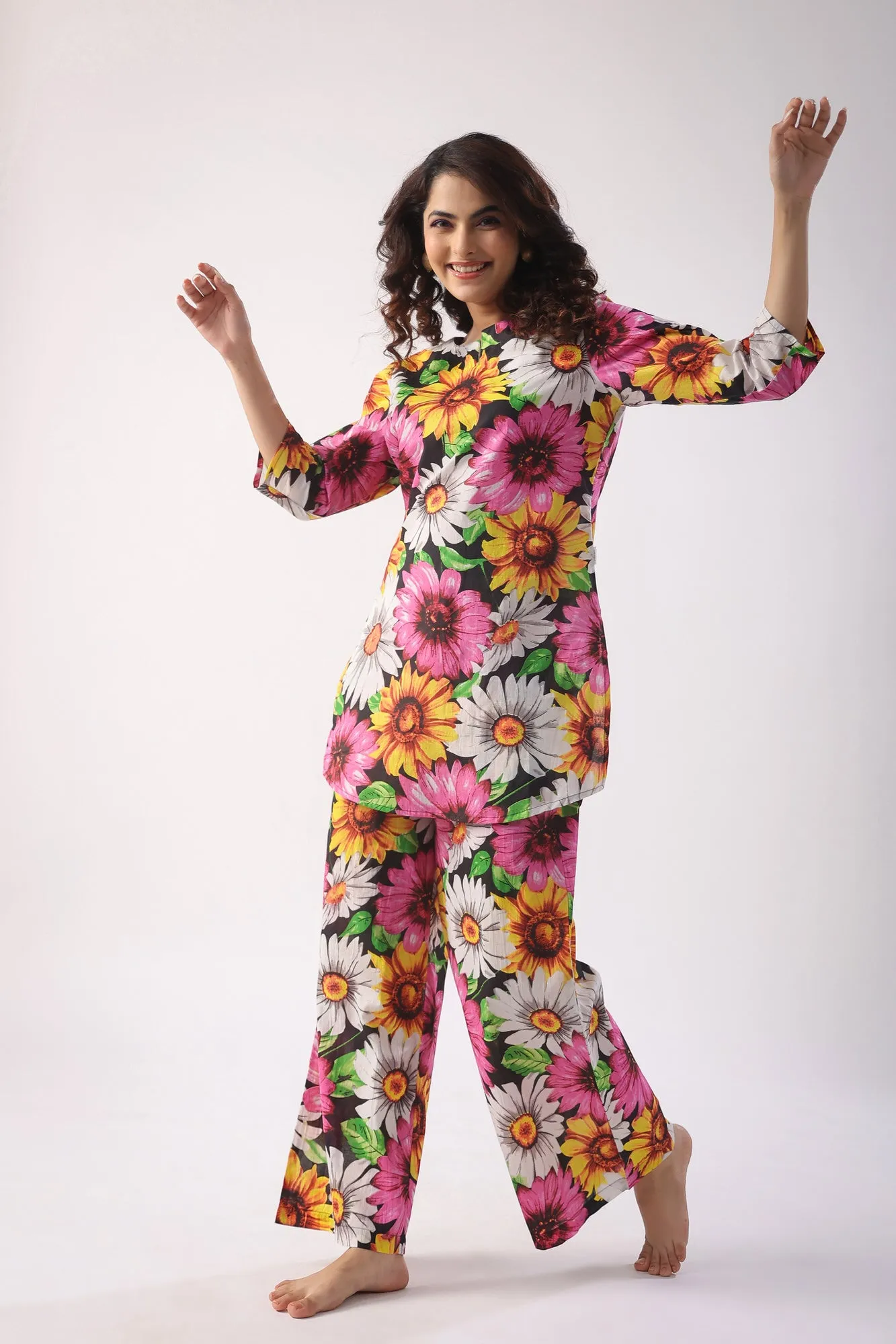 Sun Flower Print On Black Palazzo Loungewear Set