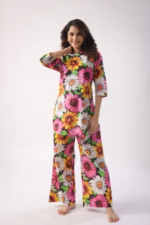 Sun Flower Print On Black Palazzo Loungewear Set