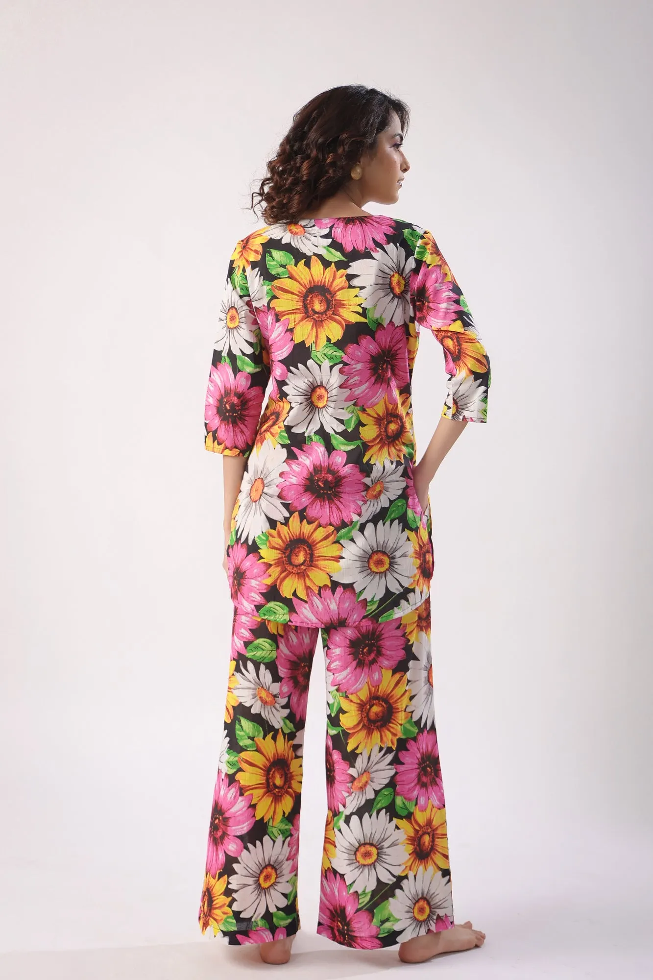 Sun Flower Print On Black Palazzo Loungewear Set