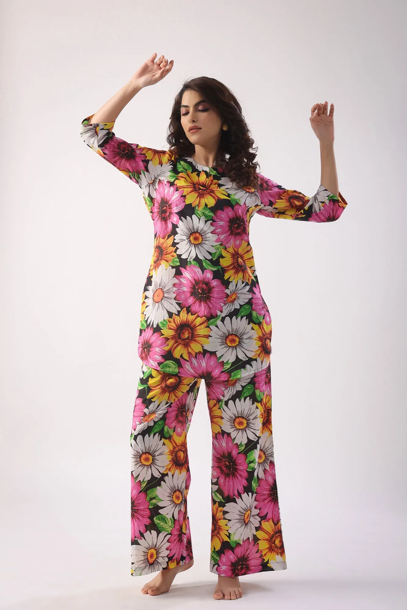 Sun Flower Print On Black Palazzo Loungewear Set