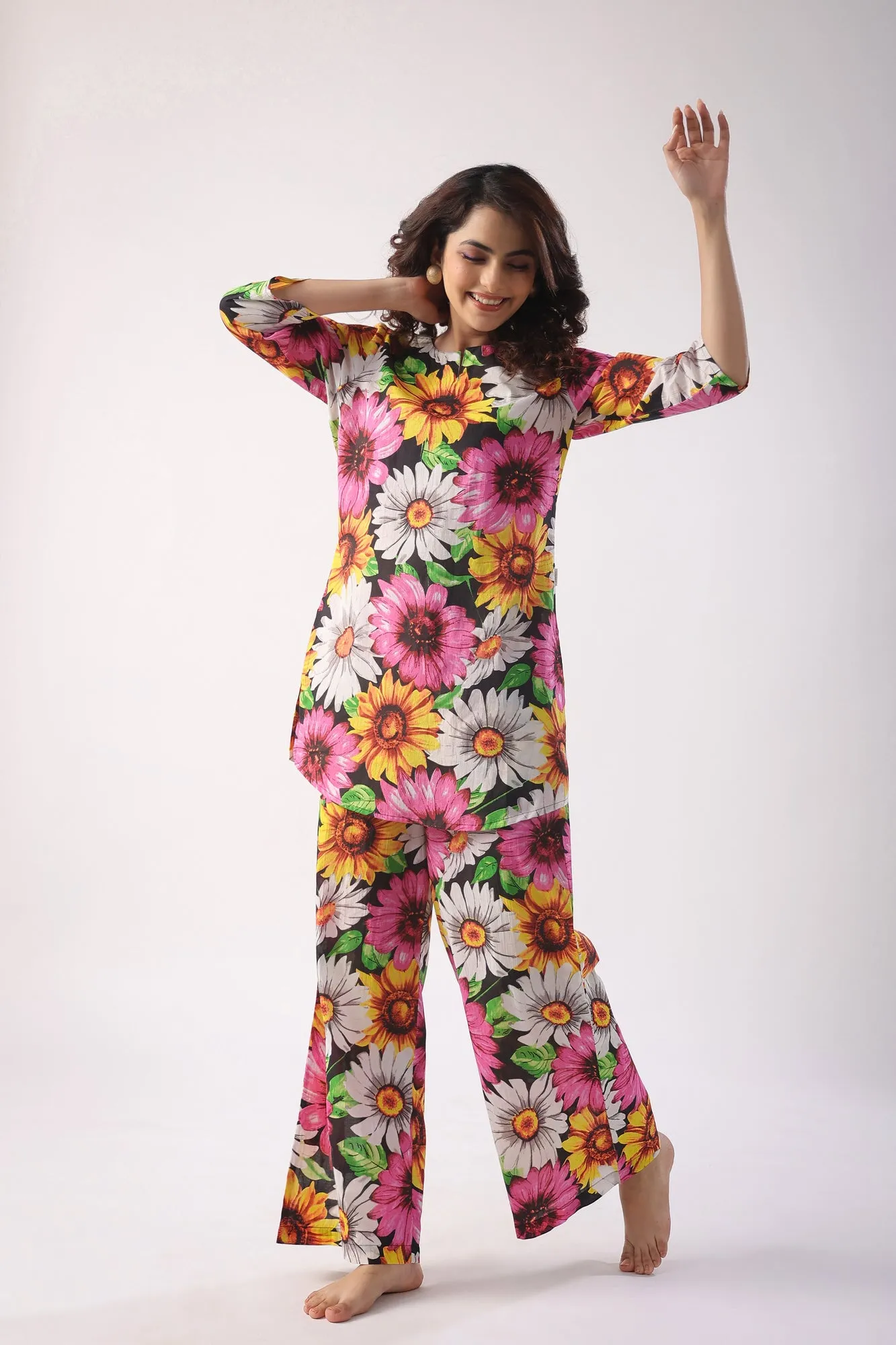 Sun Flower Print On Black Palazzo Loungewear Set