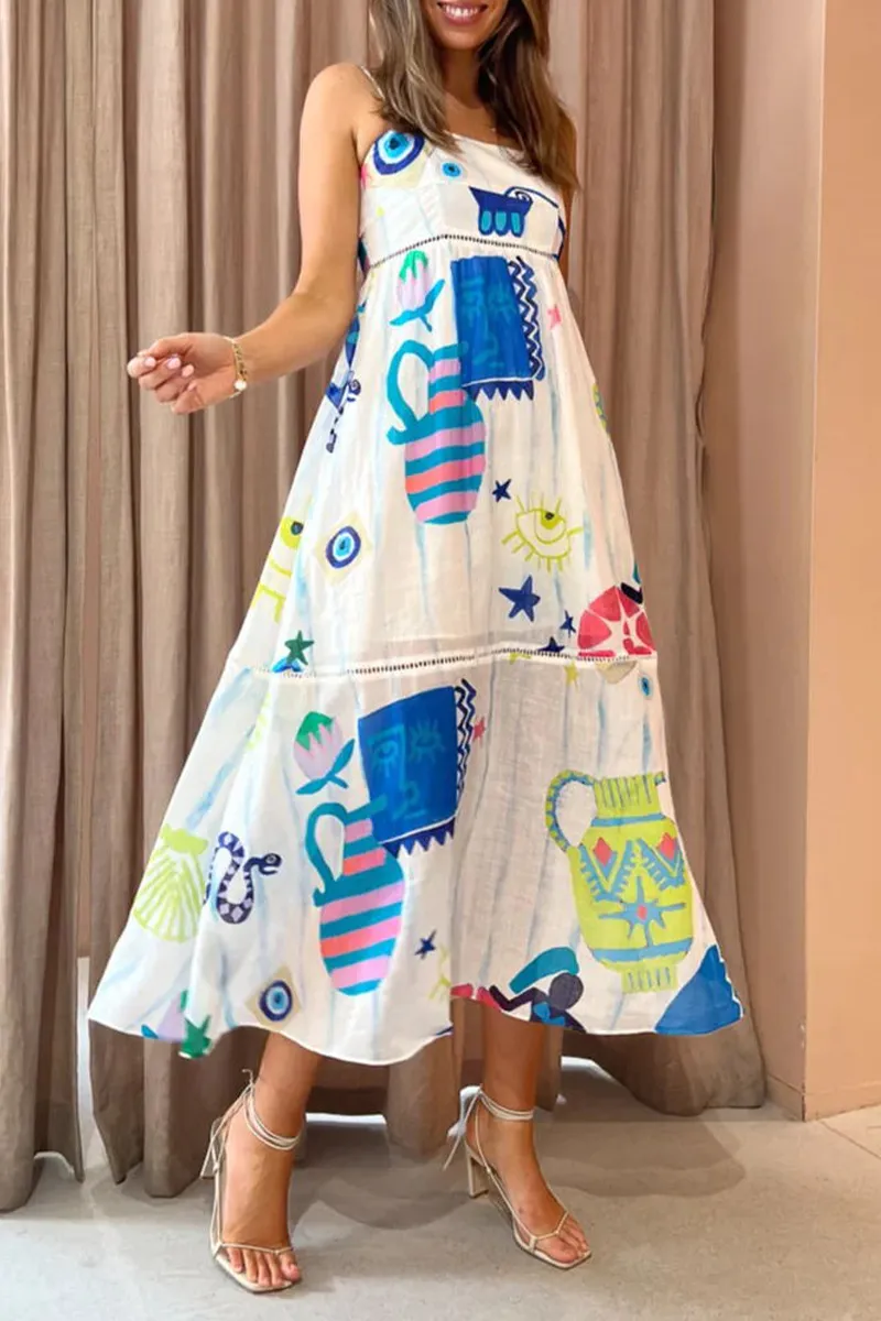 Sweet Elegant Print Patchwork Sling Dress Dresses