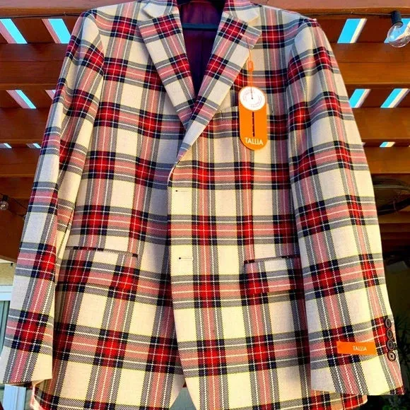 Tallia Mens Slim-Fit Cream and Red Tartan Sport Coat, Size 40Regular