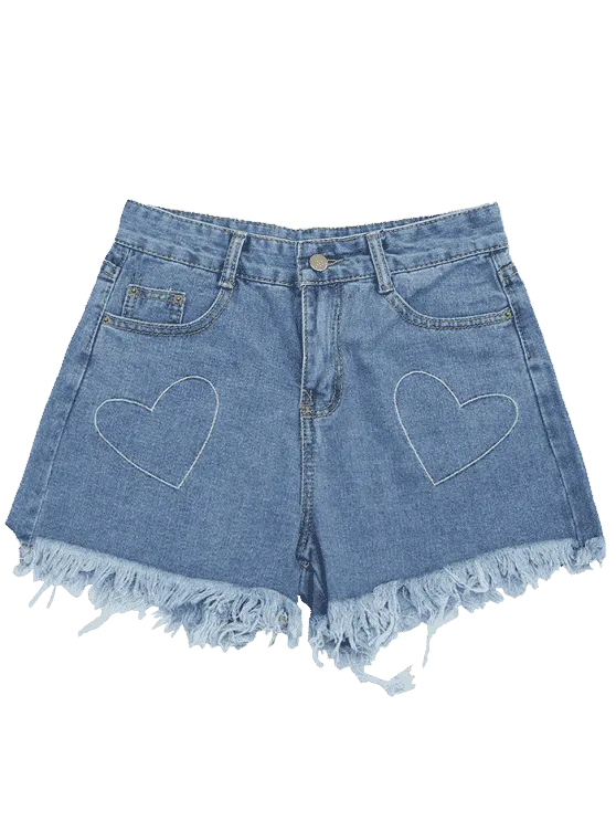 Trendy Cufoffs Heart Embroidered Denim Shorts