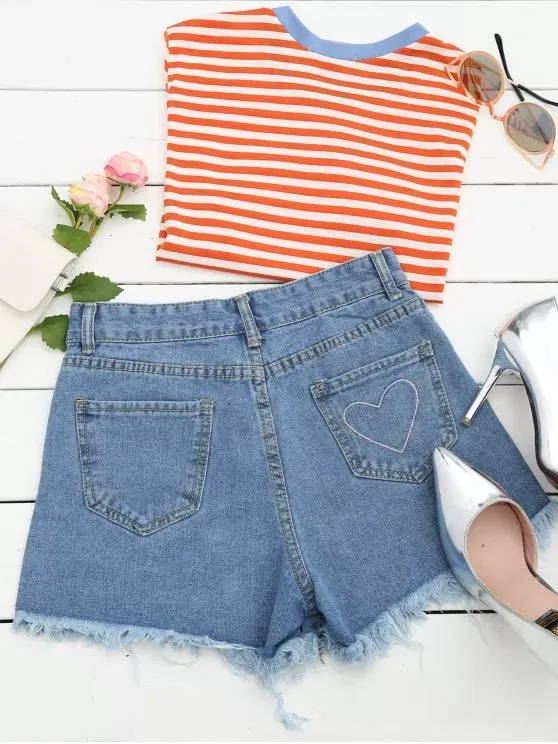 Trendy Cufoffs Heart Embroidered Denim Shorts