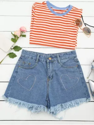 Trendy Cufoffs Heart Embroidered Denim Shorts