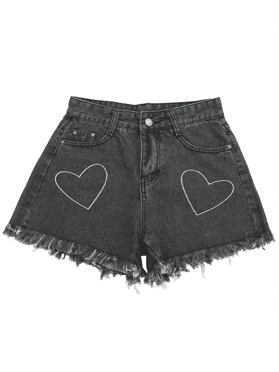 Trendy Cufoffs Heart Embroidered Denim Shorts