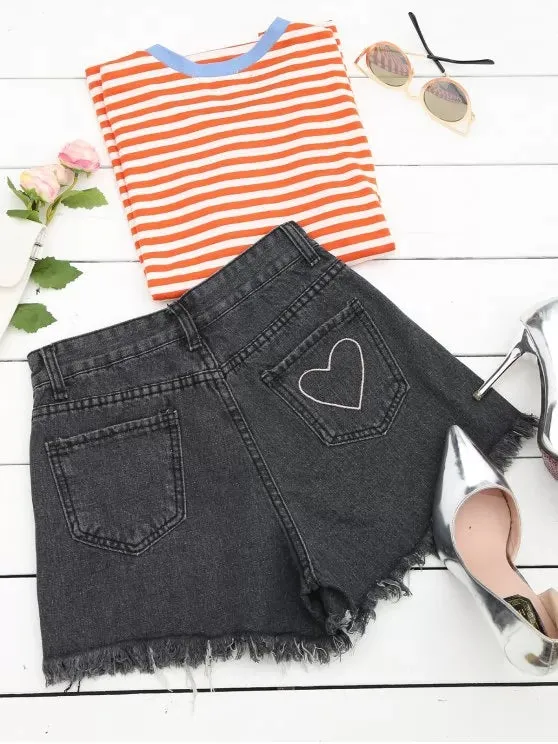 Trendy Cufoffs Heart Embroidered Denim Shorts