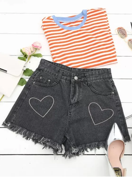 Trendy Cufoffs Heart Embroidered Denim Shorts