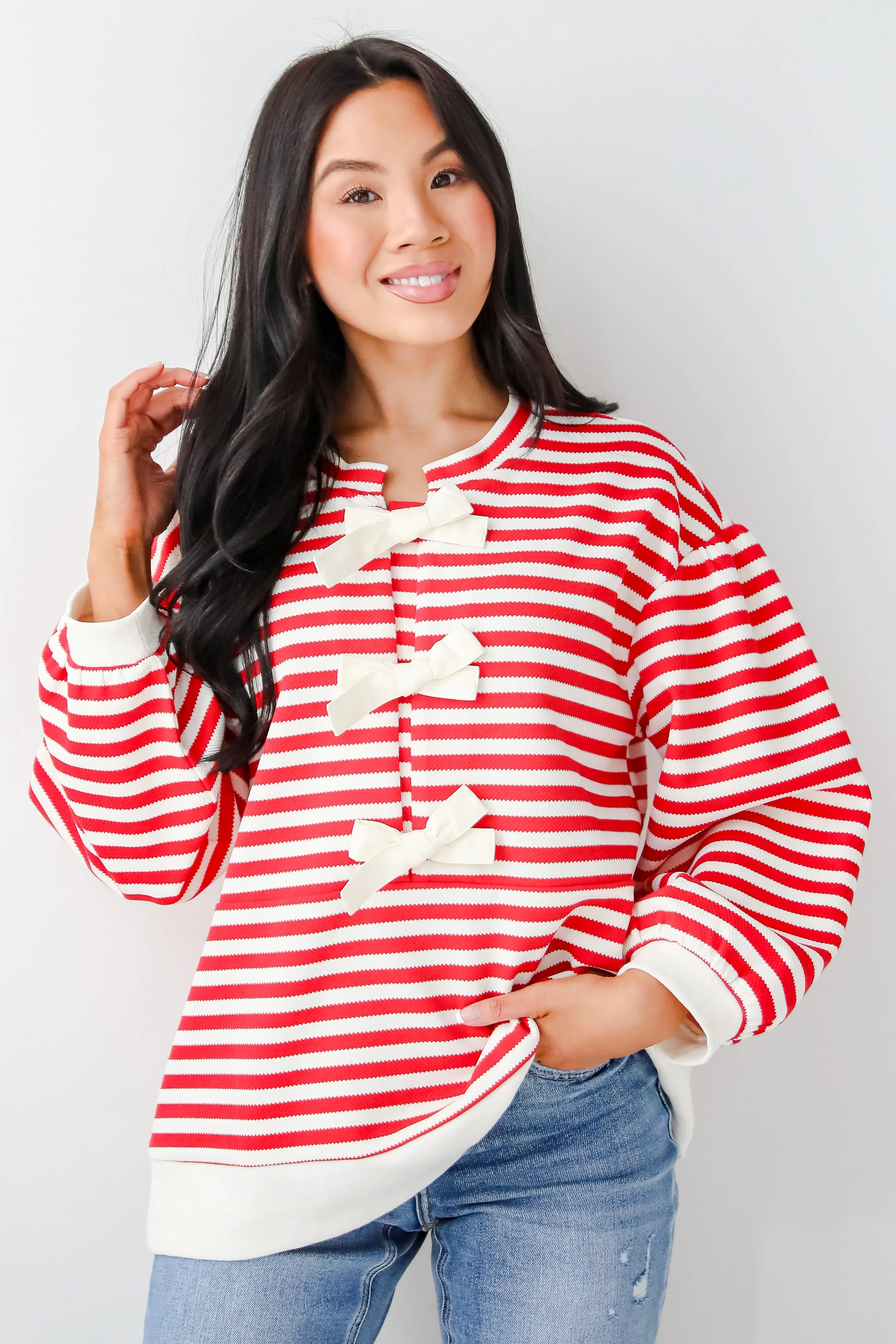 Unbelievably Lovely Red Striped Bow Knit Top