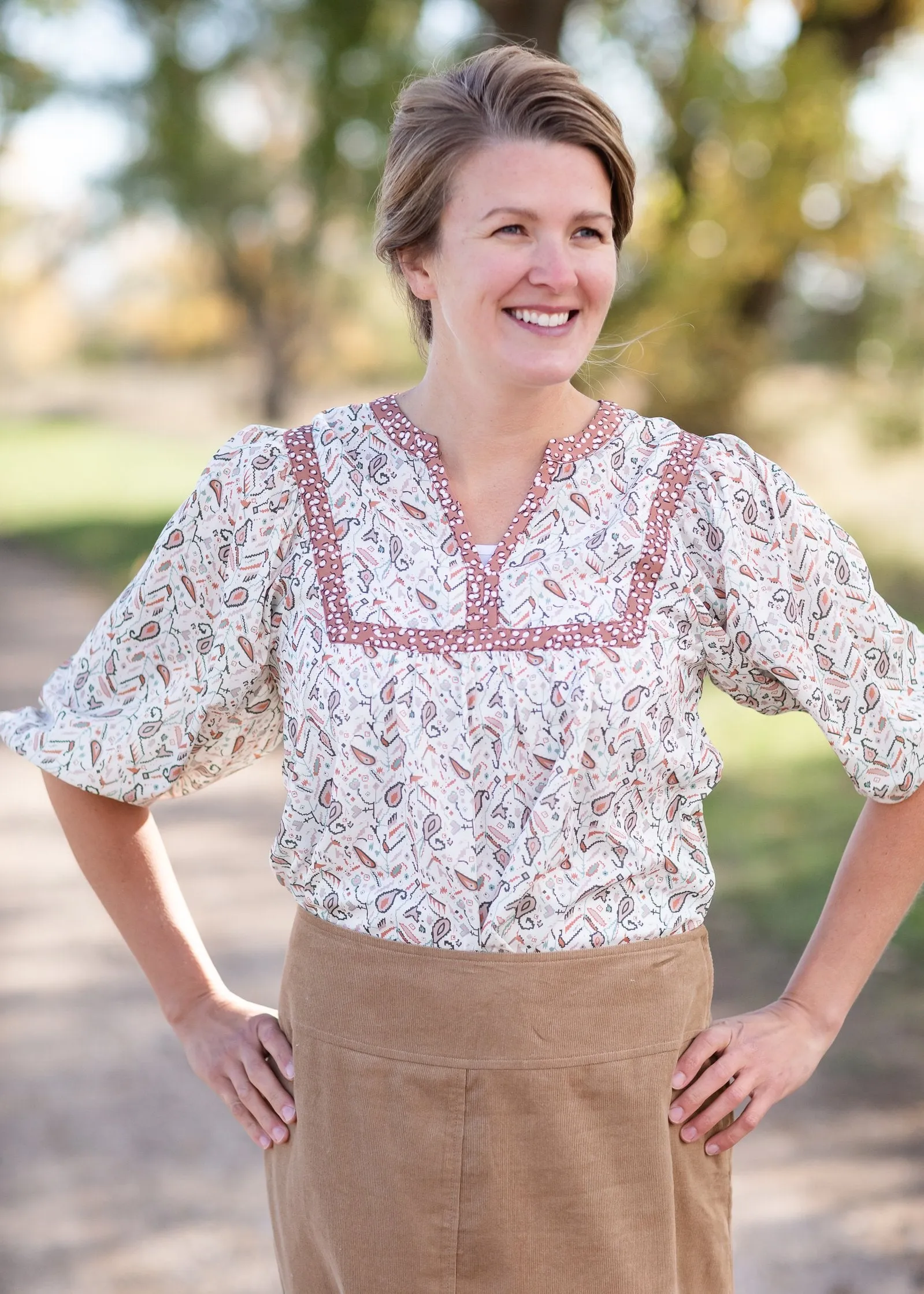 V-Neck Puff Sleeve Paisley Top - FINAL SALE