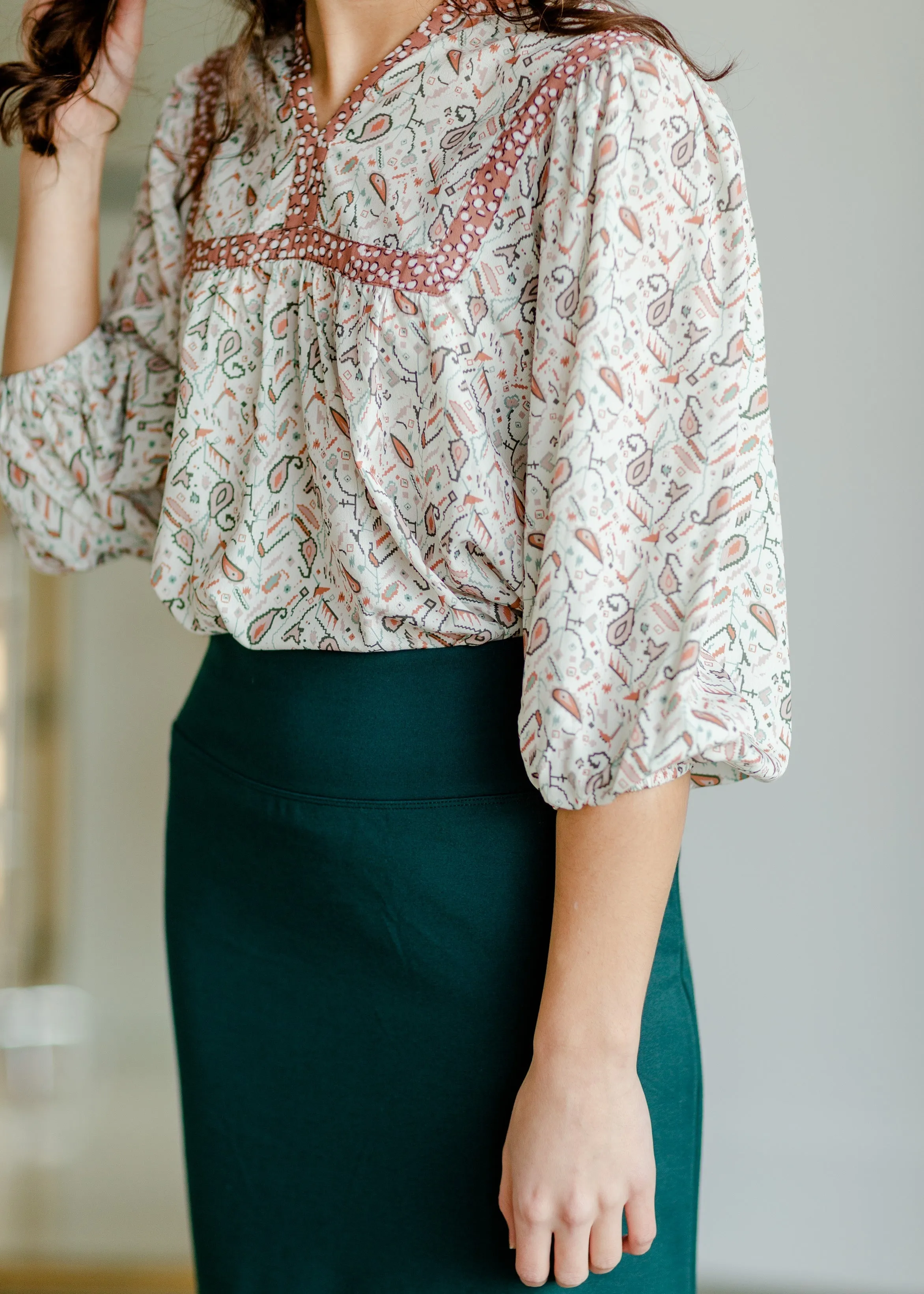 V-Neck Puff Sleeve Paisley Top - FINAL SALE