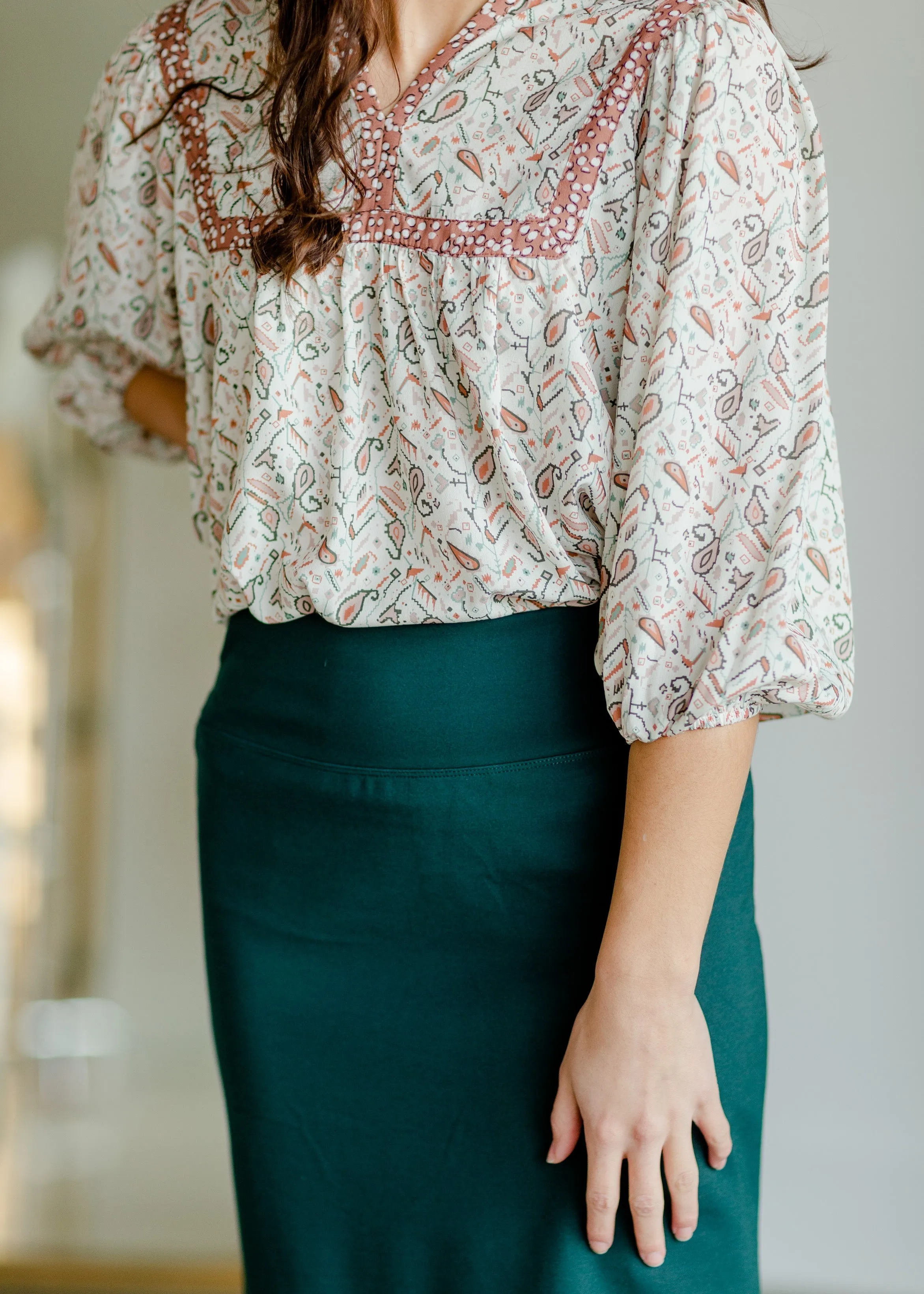 V-Neck Puff Sleeve Paisley Top - FINAL SALE