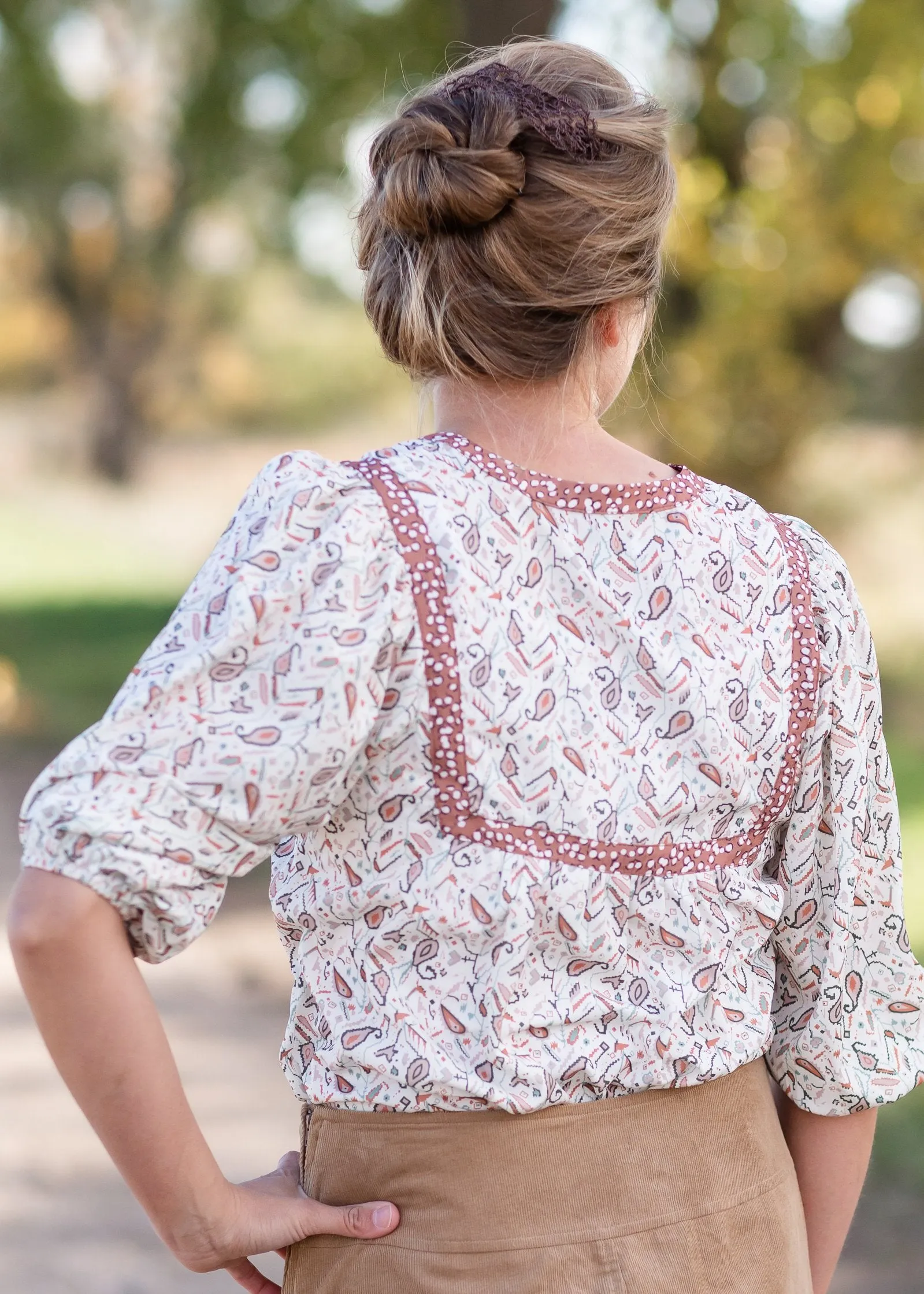 V-Neck Puff Sleeve Paisley Top - FINAL SALE