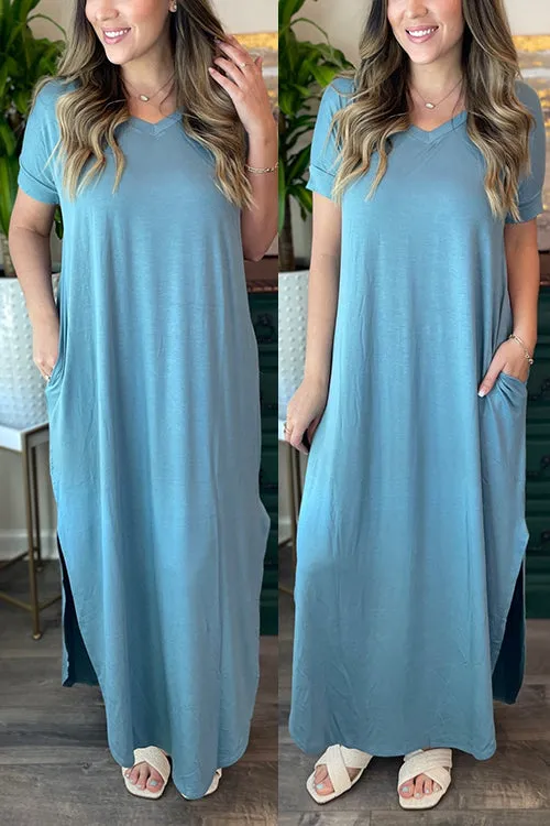 V Neck Side Slit Maxi Dress