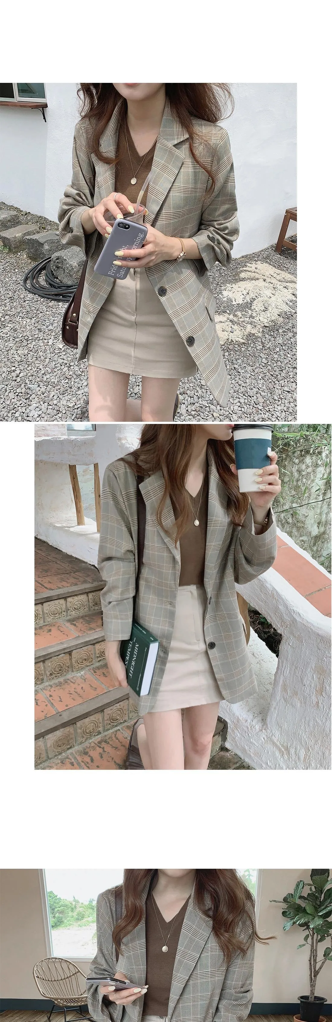 Vintage Notched Collar Plaid Breasted Jacket Casual Blazer Coat