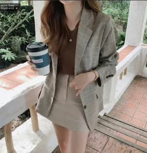 Vintage Notched Collar Plaid Breasted Jacket Casual Blazer Coat