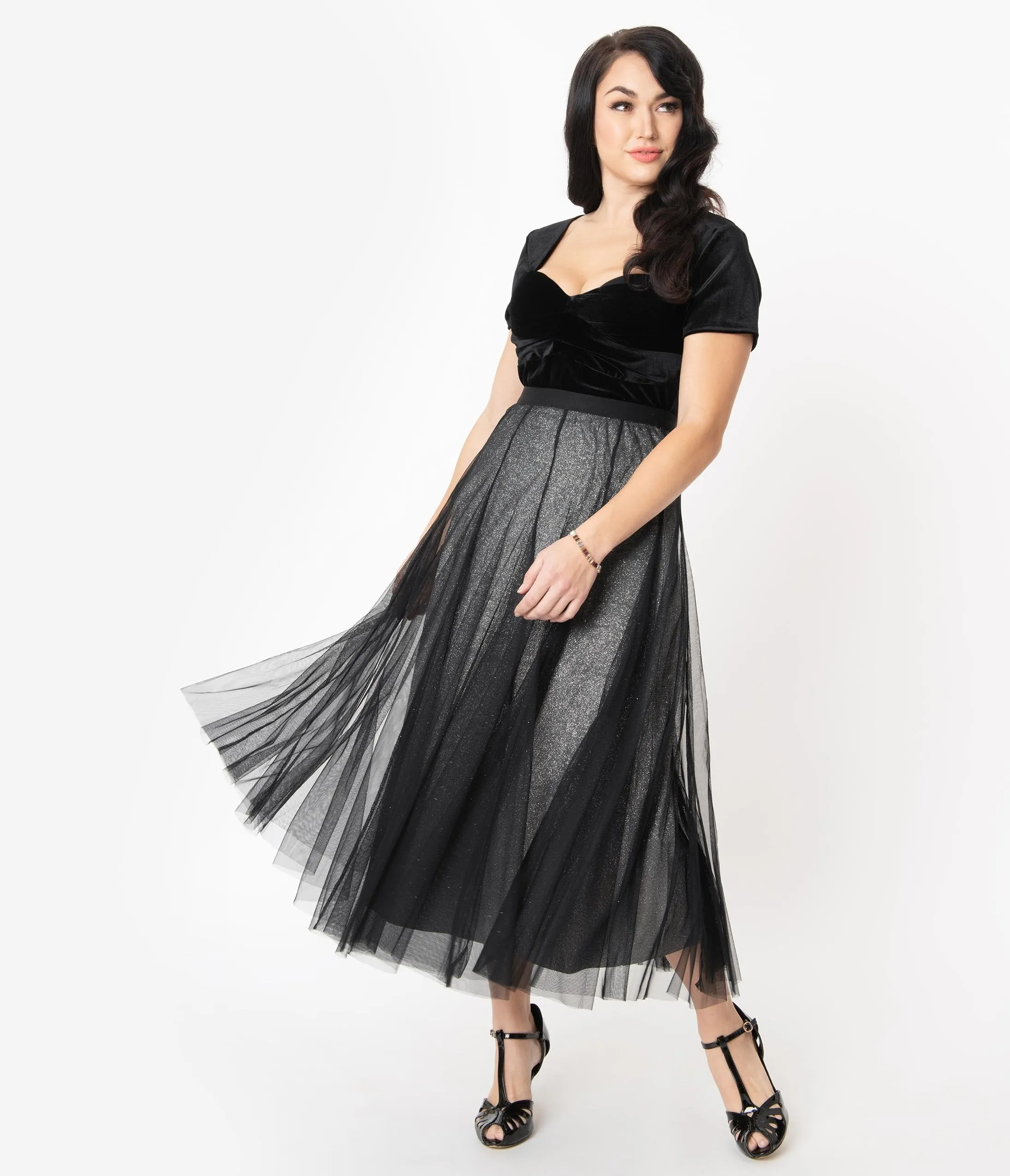 Vintage Style Black Mesh & Silver Glitter Midi Skirt