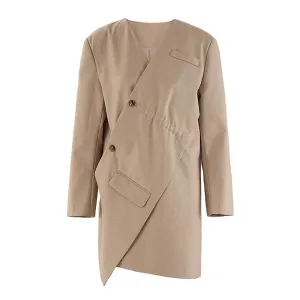 Wenkouban-Winter outfits Christmas Black Friday Khaki V-Neck Side Button Irregular Length Fashion Blazer